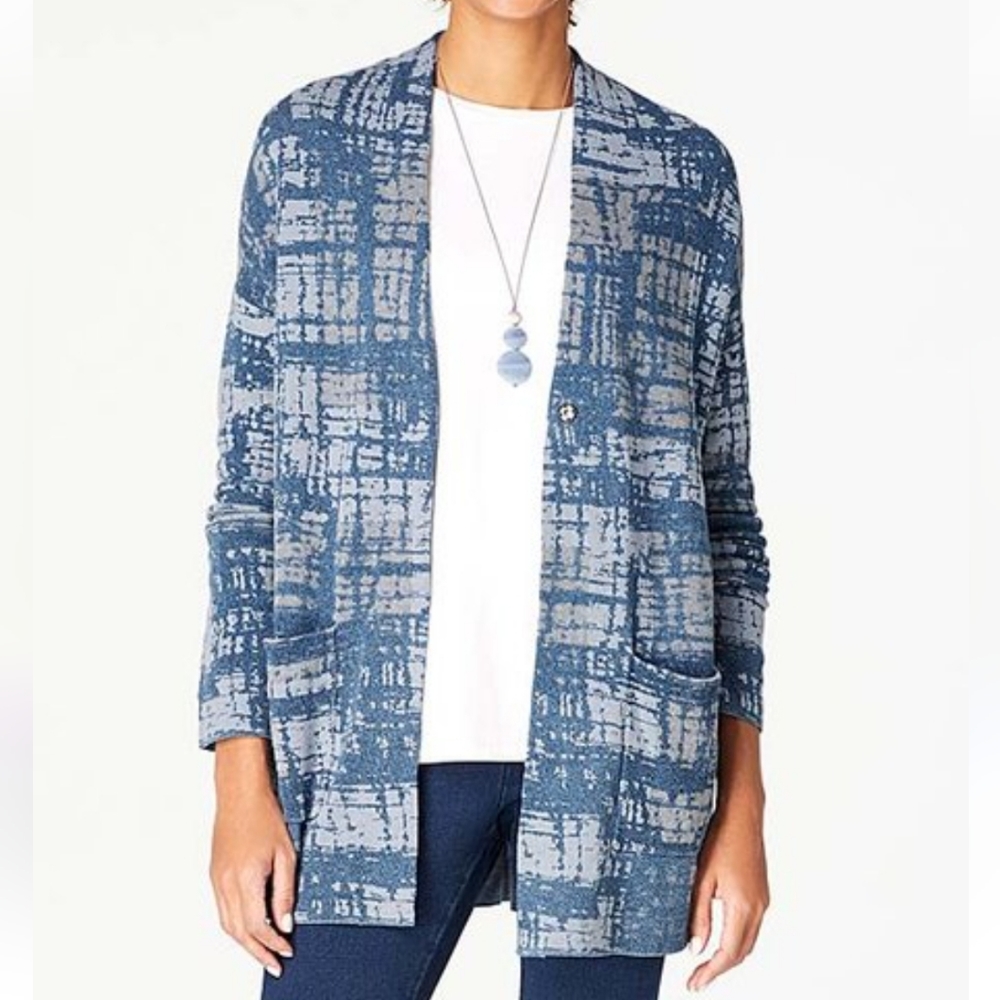 Pure Jill J Jill XL Indigo Blue Cotton Two-Tone Abstract One Button Cardigan - Picture 1 of 10